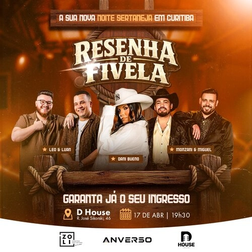 Chegou a sua nova noite sertaneja em Curitiba! A Zoli Eventos Exclusivos e a Anverso promovem uma noite de muita botina, fivela e chapéu com o melhor da música sertaneja local.