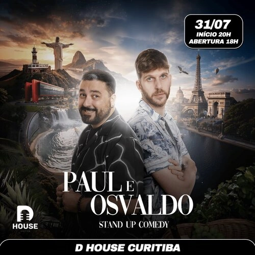 Cartaz de divulgação do show de stand up comedy dO humorista Paul Cabannes e Osvaldo Barros na DHouse Curitiba